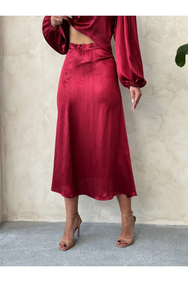 Kraşlı Saten Toptan Etek - Bordo | Topshow | F1915