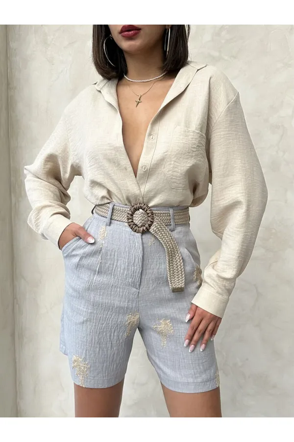 Kemer Detaylı Nakışlı Keten Şort - Gri | Topshow