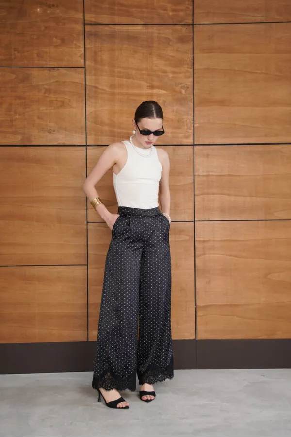 Polka Dot Satin Trousers with Lace Hem - Black | D2970 - Topshow