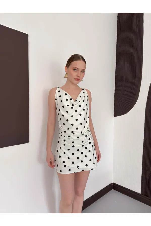 Puantiye Baskılı Elbise - Krem Siyah | D3024 Topshow