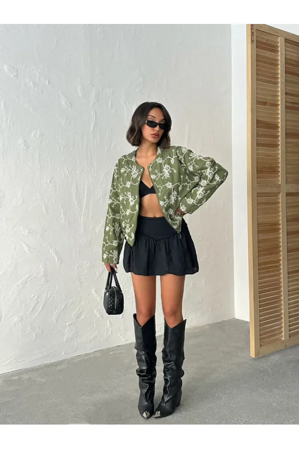 Çiçek Nakışlı Fermuarlı Ceket - Haki | Topshow | F1948