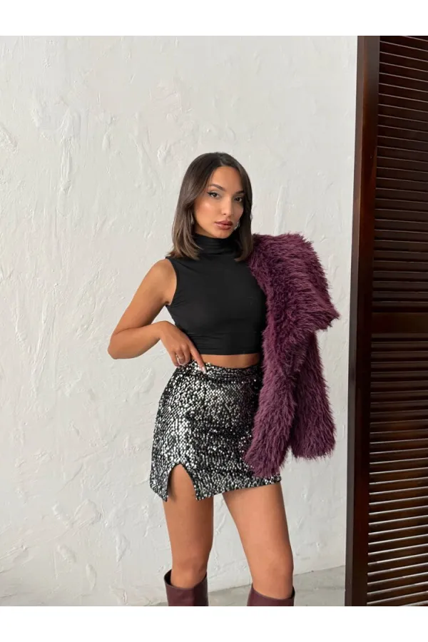 Topshow Sequined Velvet Mini Skirt - Khaki | F2054