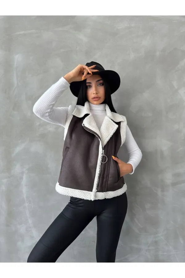 Vente en gros de gilets en daim et fourrure - Anthracite crème | TOPSHOW | F1532