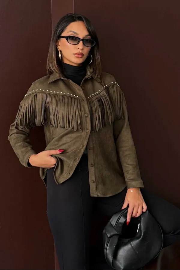 Topshow Püsküllü Droplı Scuba Süet Toptan Gömlek - Haki | F2029