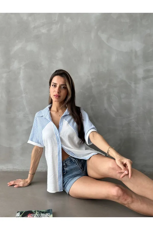 Topshow Blue Stripe Detailed Low Sleeve Wholesale Shirt