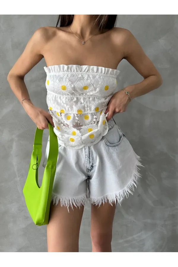 Daisy Patterned Wholesale Bustier - Cream | TOPSHOW