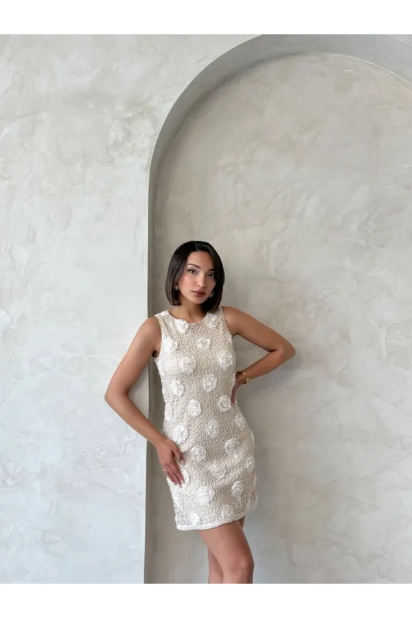 Çiçekli Dantel Toptan Elbise - Taş | Topshow