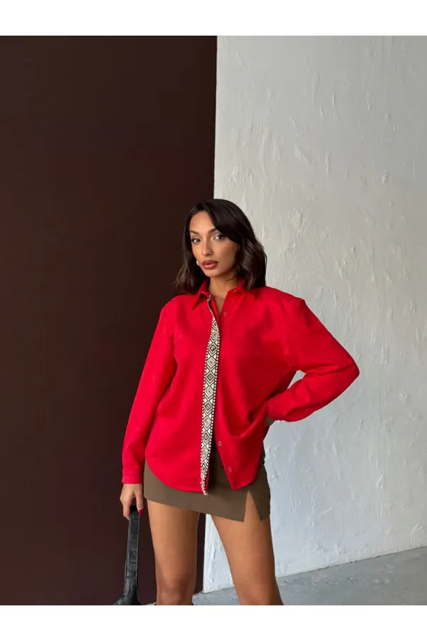 Topshow Striped Detail Scuba Suede Wholesale Shirt - Red | F1973