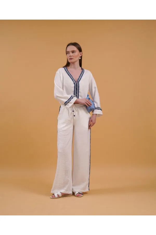 Denim Striped Wholesale Trousers - Cream | Topshow | F1890