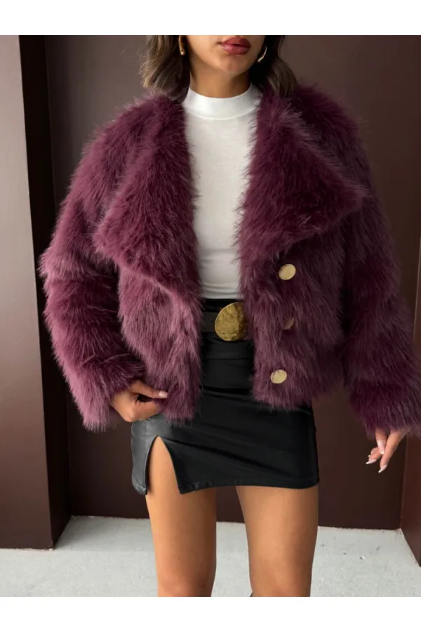 Topshow - Wholesale Rabbit Fur Buttoned Coat - Plum