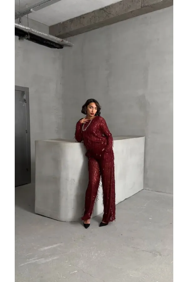 Pullu Tül Toptan Abiye Pantolon - Bordo | TOPSHOW | F1611