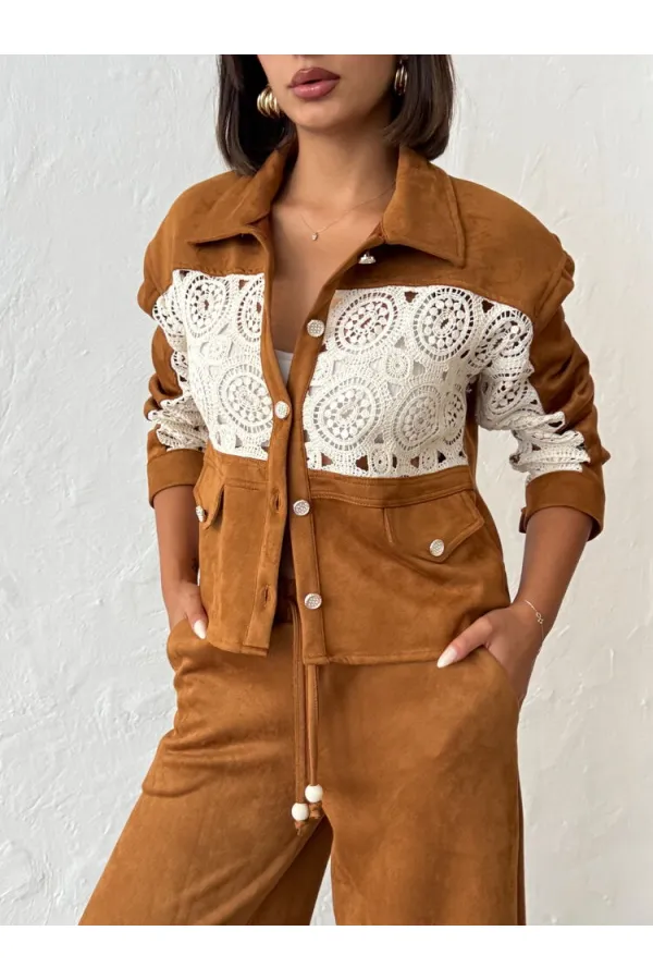 Veste-chemise femme en daim effet daim avec détails en dentelle - Beige | Topshow | F1957