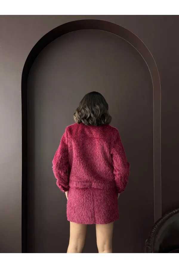 Topshow - Toptan Suni Kürk Görünümlü Kadın Ceket - Bordo