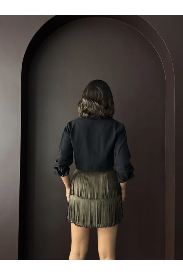 Topshow Tasseled Scuba Suede Skirt - Khaki | F2030
