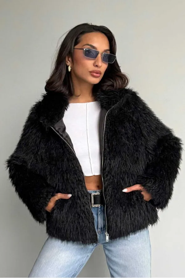 Veste en fausse fourrure pour femme – Manteau d'hiver moderne, zippé, doux et texturé – NOIR