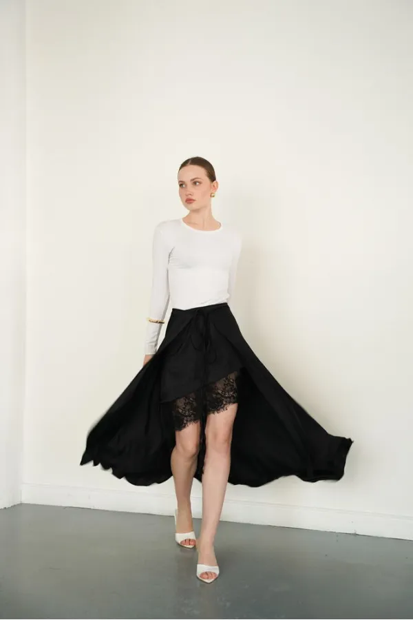 Dantel Detaylı Saten Toptan Etek - Siyah | D2976 - Topshow