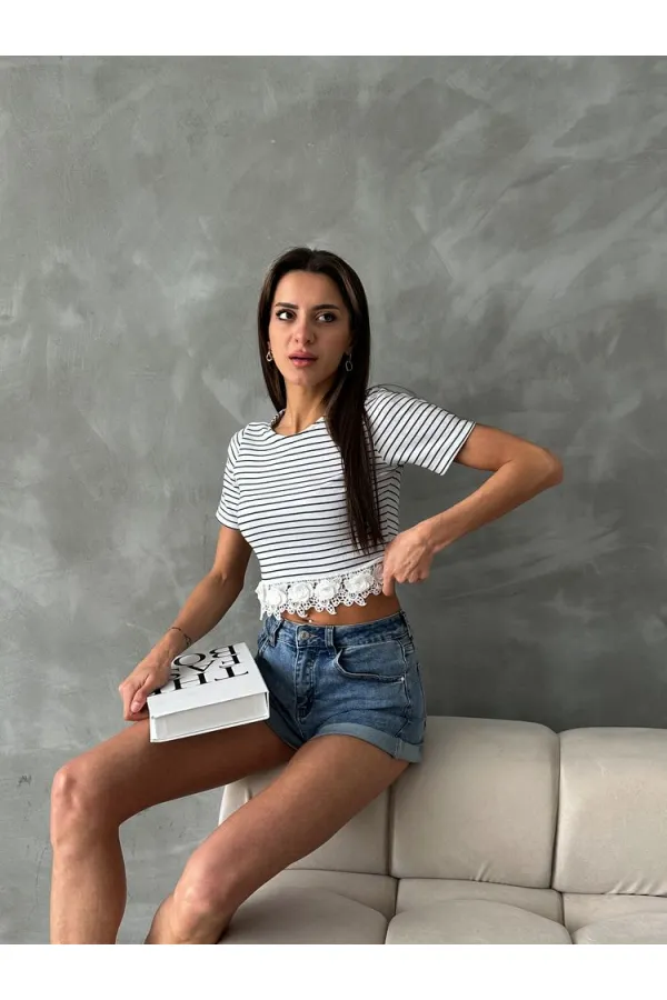 Topshow Cream Guipure Detailed Striped Wholesale T-Shirt