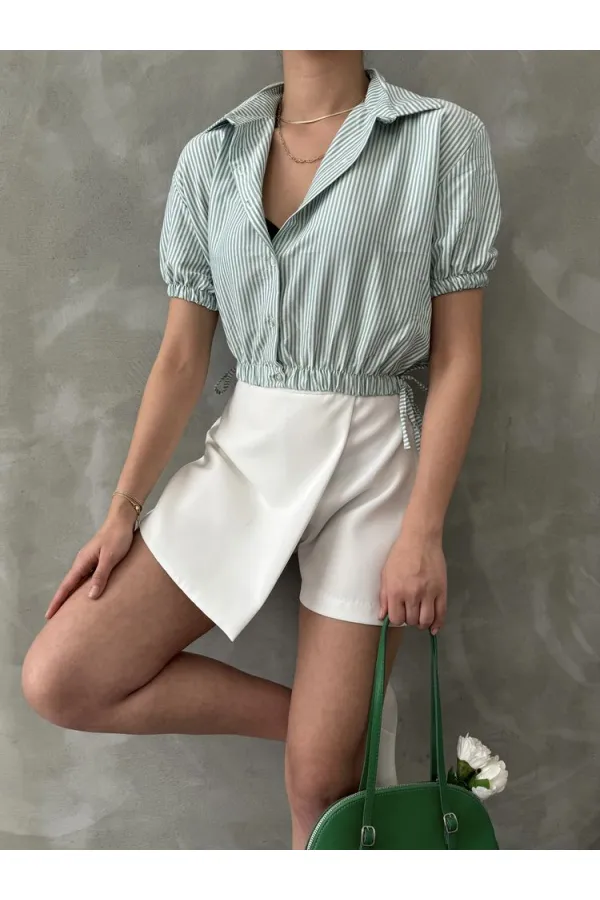 Topshow Zümrüt Pitikare Beli Kolucu Lastikli Toptan Gömlek