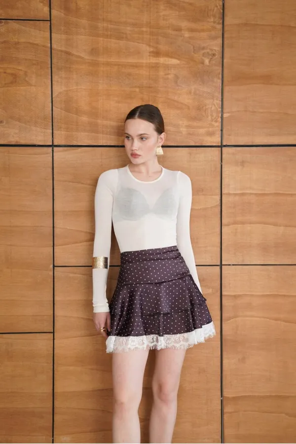 Jupe en satin à pois avec détails en dentelle - Marron | D2962 - Topshow