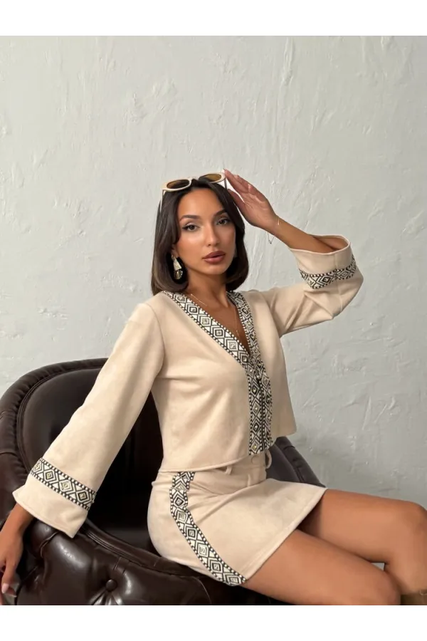 Topshow Şerit Detaylı Scuba Süet Etek - Taş | F1974