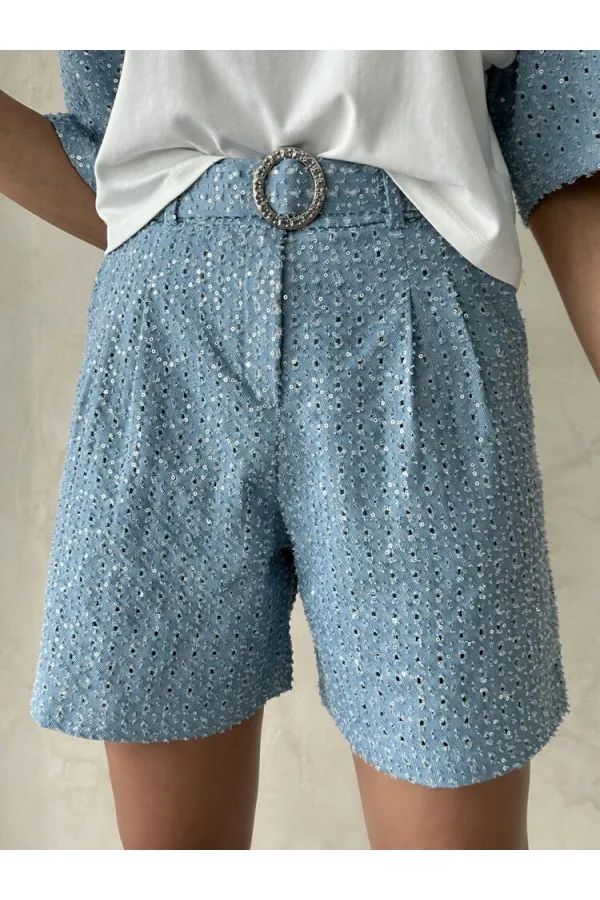 Pullu Kot Şort - Mavi | Topshow