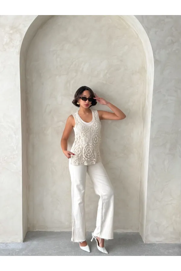 İnci Dantel Detaylı Ham Tişört - Ham | Topshow