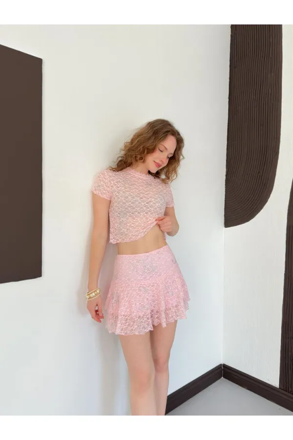 D 2996 EMBELLISHED LACE SKIRT - PINK