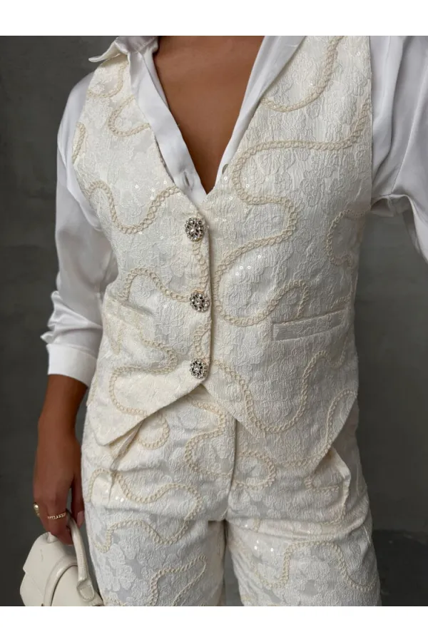Embroidered Wholesale Vest - Cream | TOPSHOW | F1751