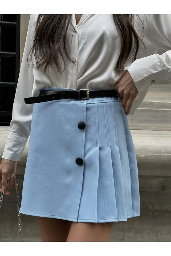Jupe plissée bleue avec ceinture et détails - Vente en gros | TOPSHOW