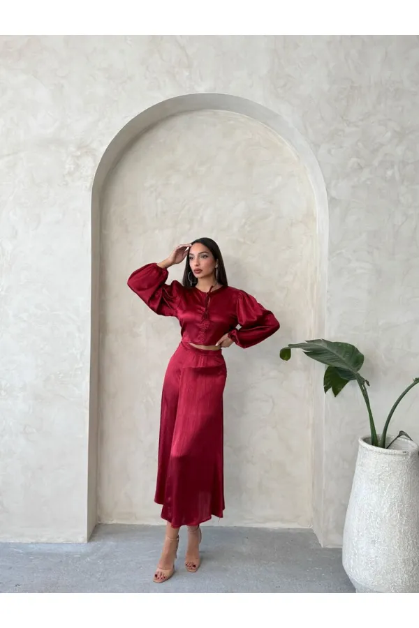 Kraşlı Saten Toptan Etek - Bordo | Topshow | F1915