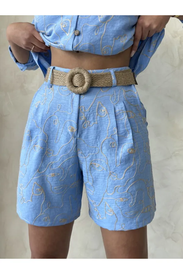 Nakışlı Toptan Şort - Açık Mavi | Topshow