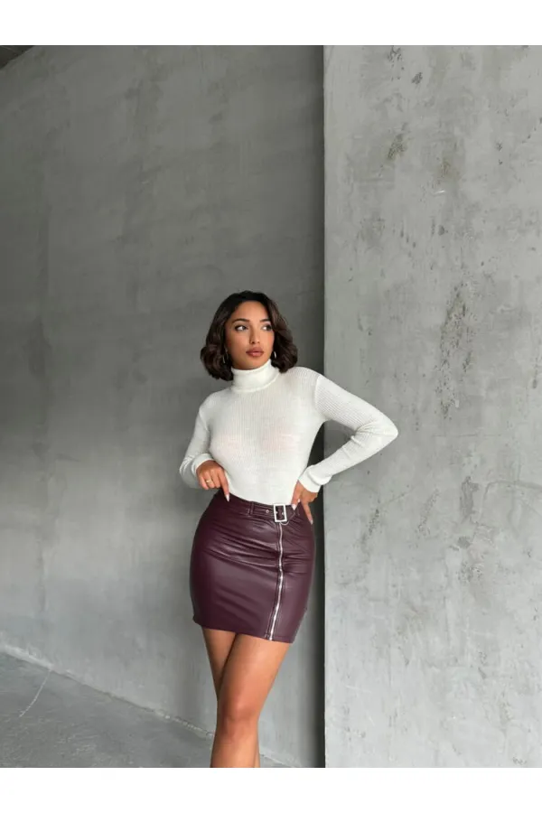 Fermuarlı Deri Toptan Etek - Bordo | TOPSHOW | F0125