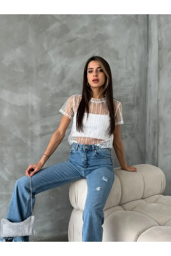 Topshow Krem Pullu Tül Toptan Tişört