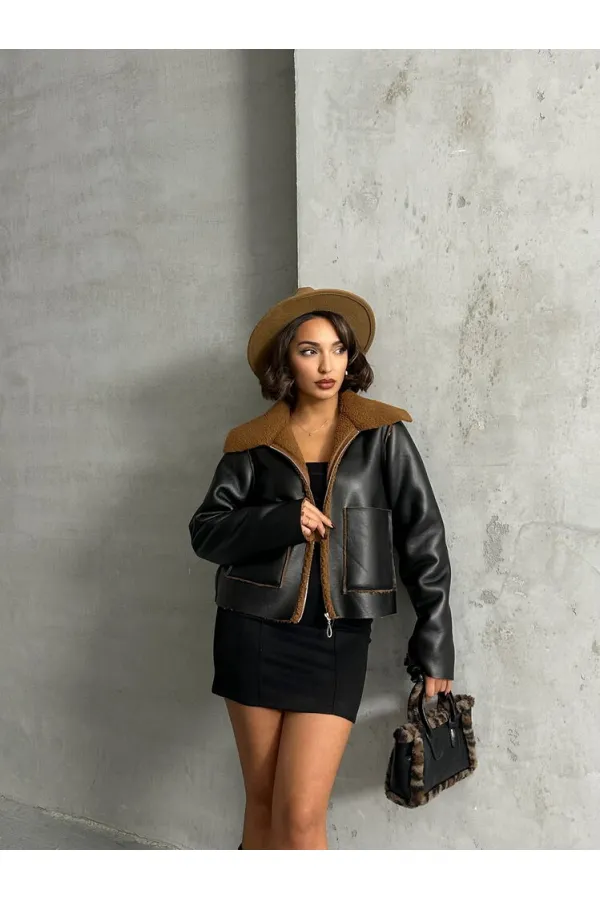 Manteau zippé en cuir Amine - Noir et marron | TOPSHOW | F1511