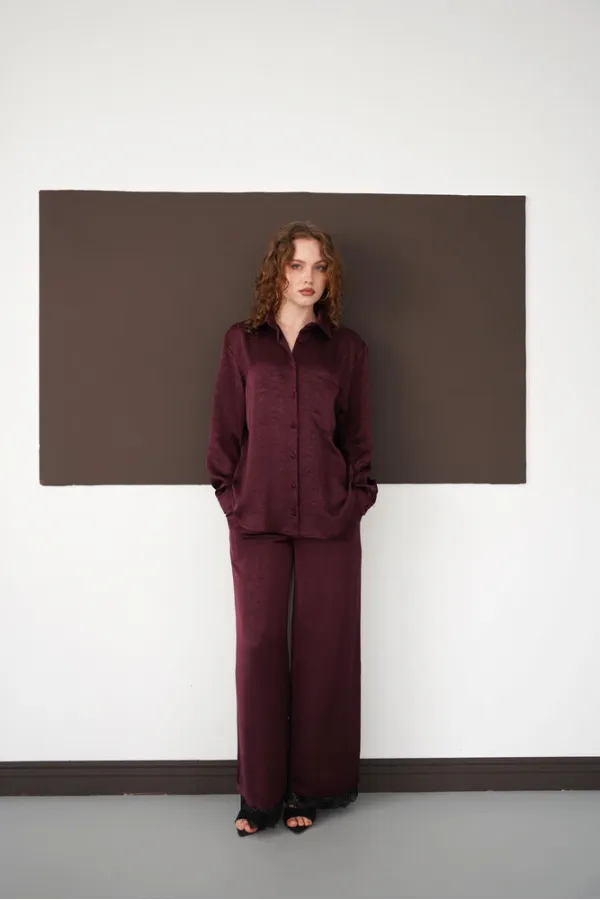 Pleated Hem Lace Wholesale Trousers - Plum | F2102 - Topshow