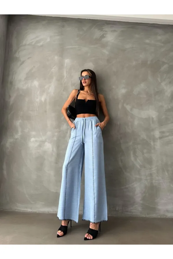Nakışlı Keten Boru Paça Toptan Pantolon - Mavi | TOPSHOW | F1675