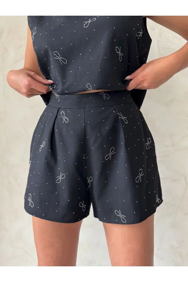 Fiyonk Taş Baskılı Şort - Siyah | Topshow