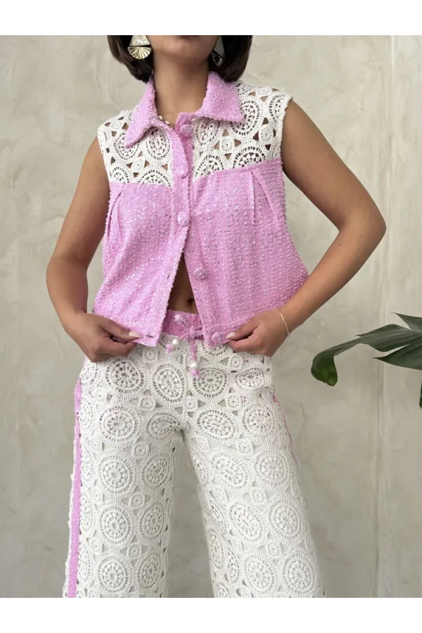 Lace Detailed Sequin Denim Jacket - Pink Topshow