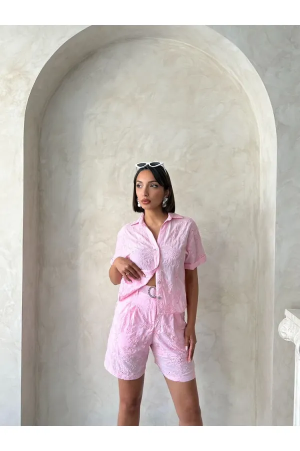 Nakışlı Vual Şort - Pembe Topshow