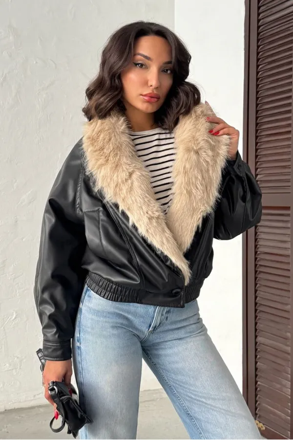 Topshow | Yakası Kürklü Kruvaze Deri Mont - Siyah Taş | F2050