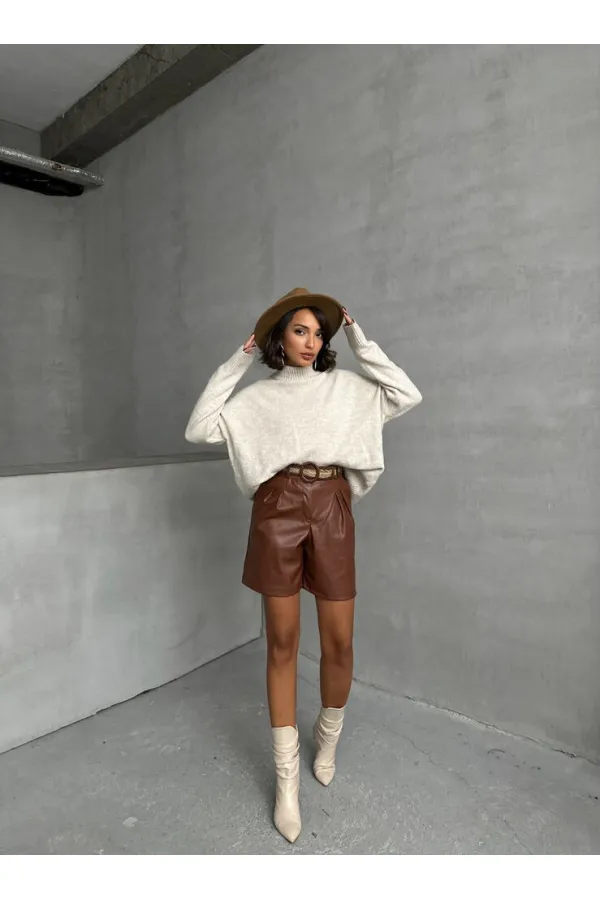 Kemerli Deri Toptan Şort - Taba | TOPSHOW | F1497