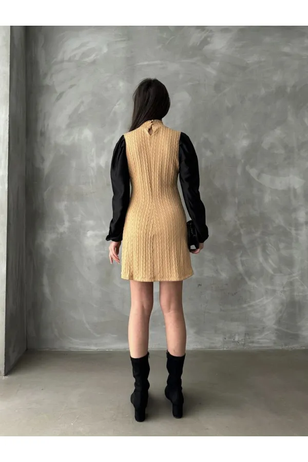 Leather Sleeve Turtleneck Knee-Length Wholesale Dress - Camel | TOPSHOW | F1143