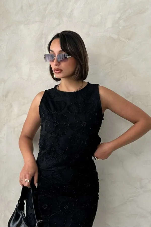 Beaded Sleeveless Wholesale Blouse - Black | Topshow