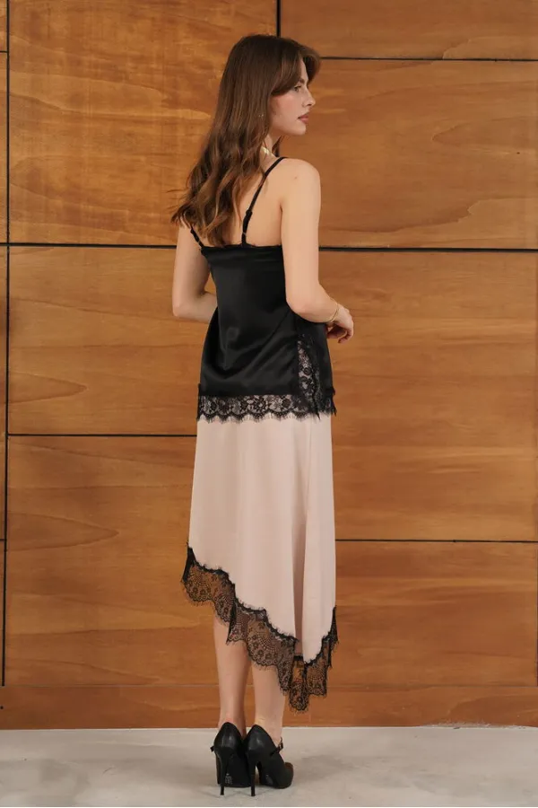 D 2951 LACE ASYMMETRICAL SKIRT - STONE