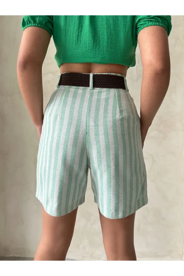 Topshow Çağla Çizgili Kemerli Keten Toptan Şort