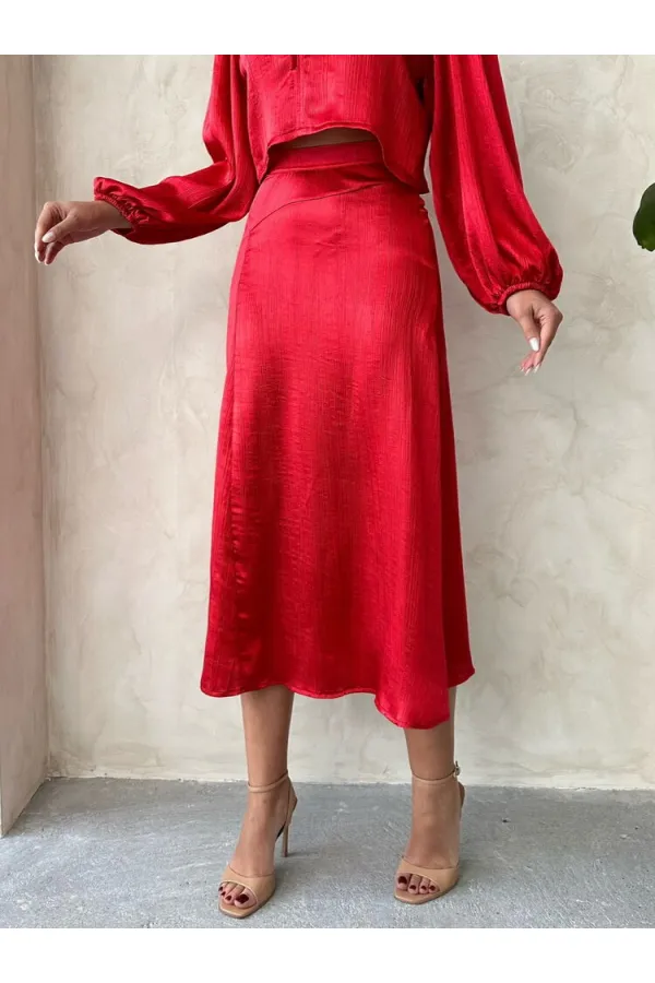 Kraşlı Saten Toptan Etek - Kırmızı | Topshow | F1915