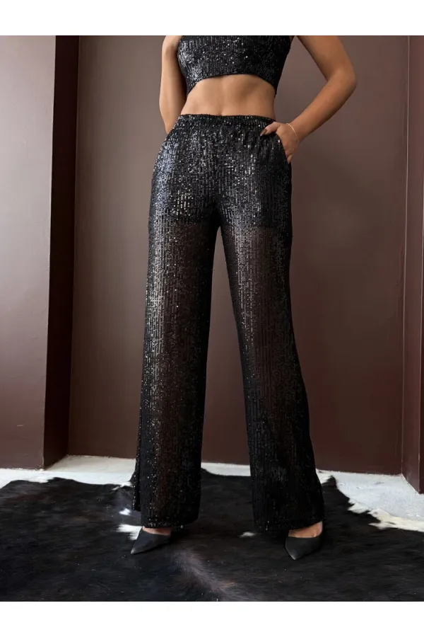 Topshow - Wholesale Sequined Wide Leg Women's Trousers - Stylish Night Outfit - Black
