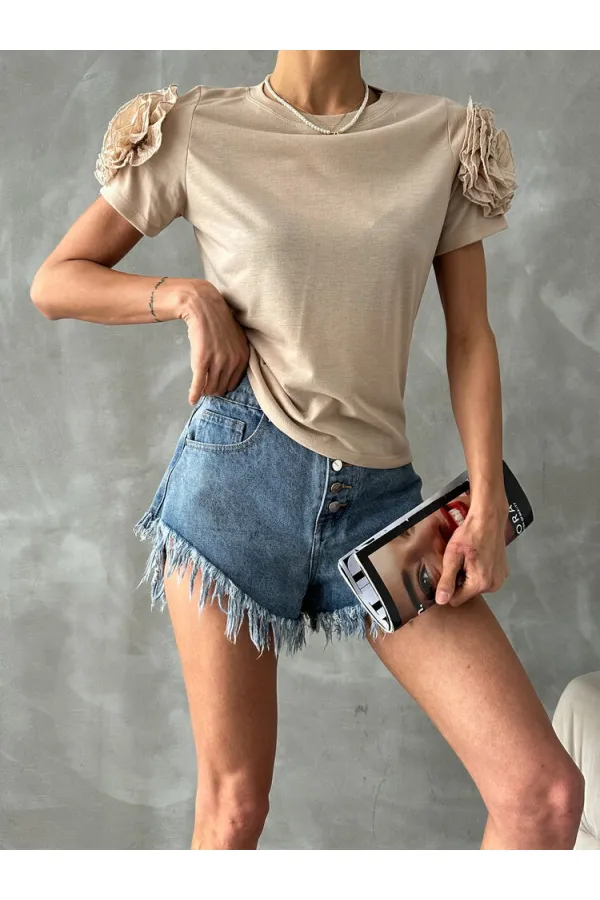 Topshow Taş Omuzları Güllü Toptan T Shirt