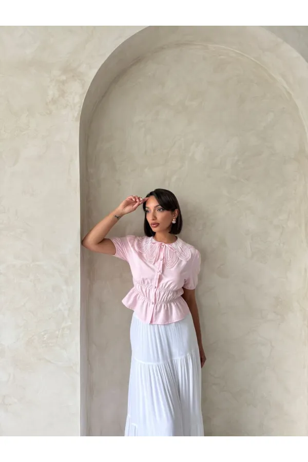 Gathered Shirt with Collar Detail - Pink | Topshow