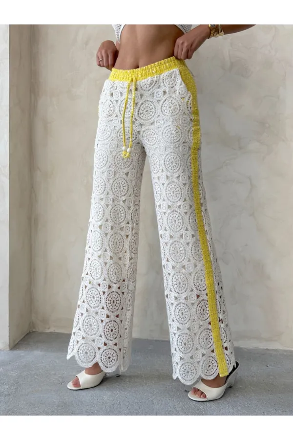 Kot Detaylı Dantel Pantolon - Sarı | Topshow | F1759
